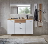 Moderne Hänge-Garderobenkombination mit weißem und holzfarbenem Design, bestehend aus mehreren Schubladen und Haken, frontal abgebildet.