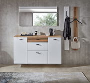 Moderne Hänge-Garderobenkombination mit weißem und holzfarbenem Design, bestehend aus mehreren Schubladen und Haken, frontal abgebildet.