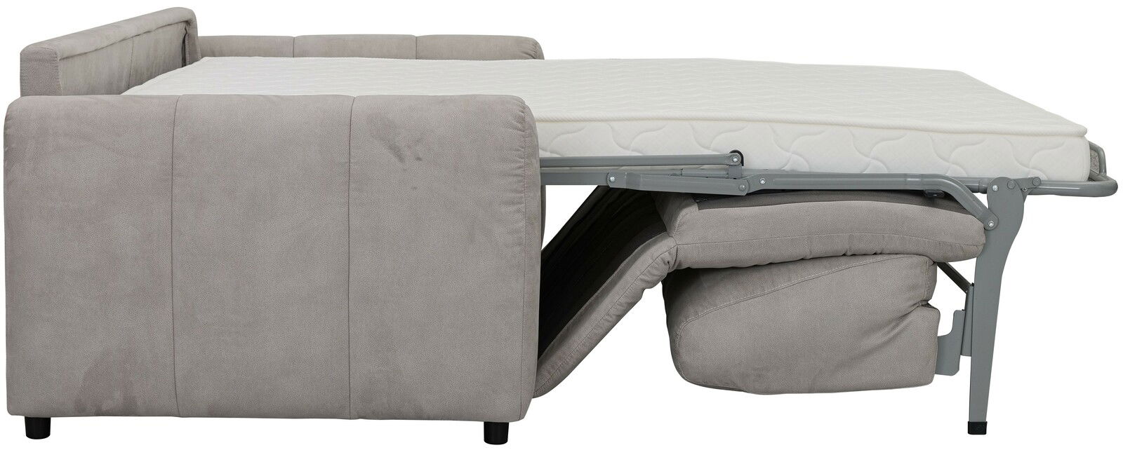 Seitenansicht eines ausgeklappten Funktionssofas mit grauem Stoffbezug und sichtbarer Matratze.