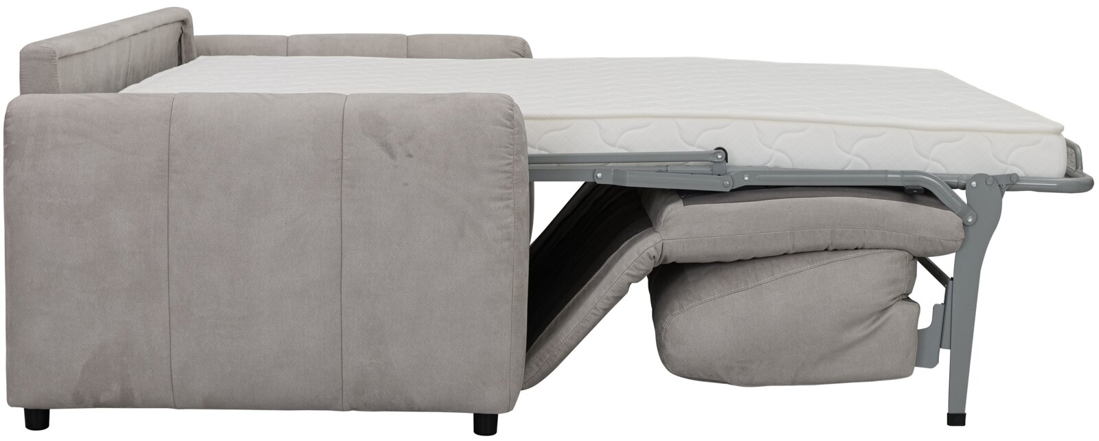 Zijaanzicht van een uitgeklapte multifunctionele bank met grijze stoffen bekleding en zichtbaar matras.