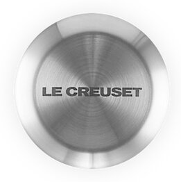 Deckelknopf aus Edelstahl mit der Aufschrift 'LE CREUSET', Draufsicht