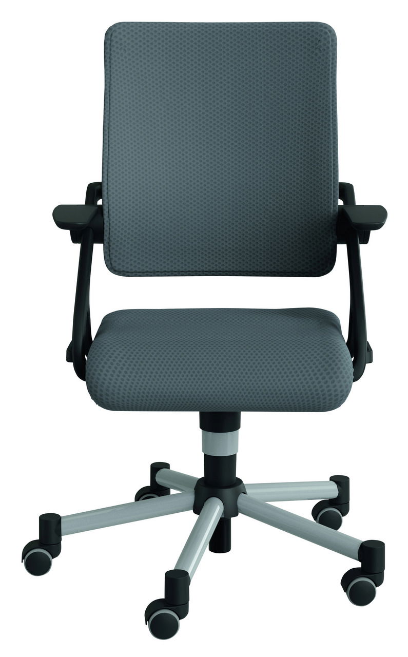 Moderner Jugendstuhl mit grauem Stoffbezug und schwarzem Gestell, Vorderansicht