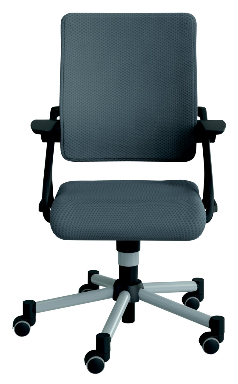 Moderne jeugdstoel met grijze stoffen bekleding en zwart frame, vooraanzicht