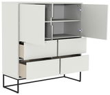 Weißes Highboard mit offenen Türen und Schubladen, seitliche Perspektive