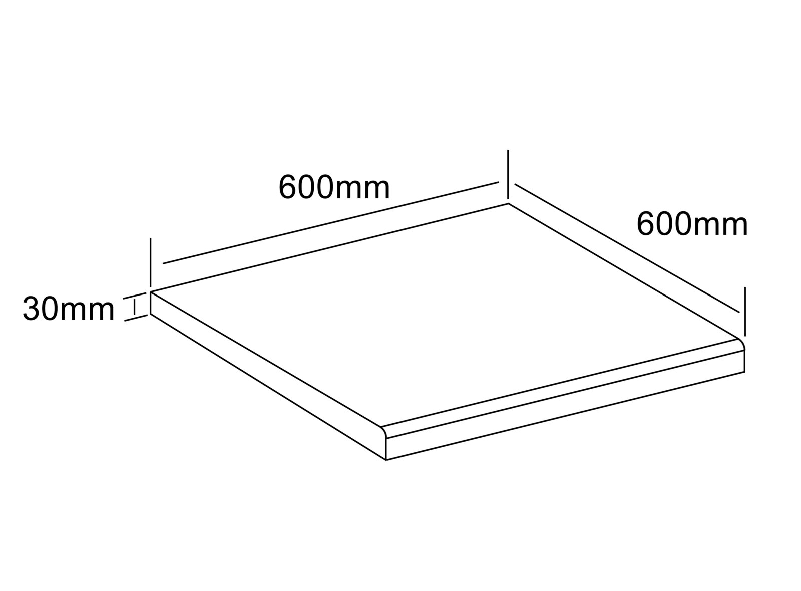 VCM Küchenplatte 60x60 FASOLA Isometrische Perspektive: quadratische Platte/Podest mit abgerundeter Kante, Maße 600 x 600 mm und 30 mm Stärke (technische Maßskizze)