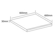 Isometrische Perspektive: quadratische Platte/Podest mit abgerundeter Kante, Maße 600 x 600 mm und 30 mm Stärke (technische Maßskizze)