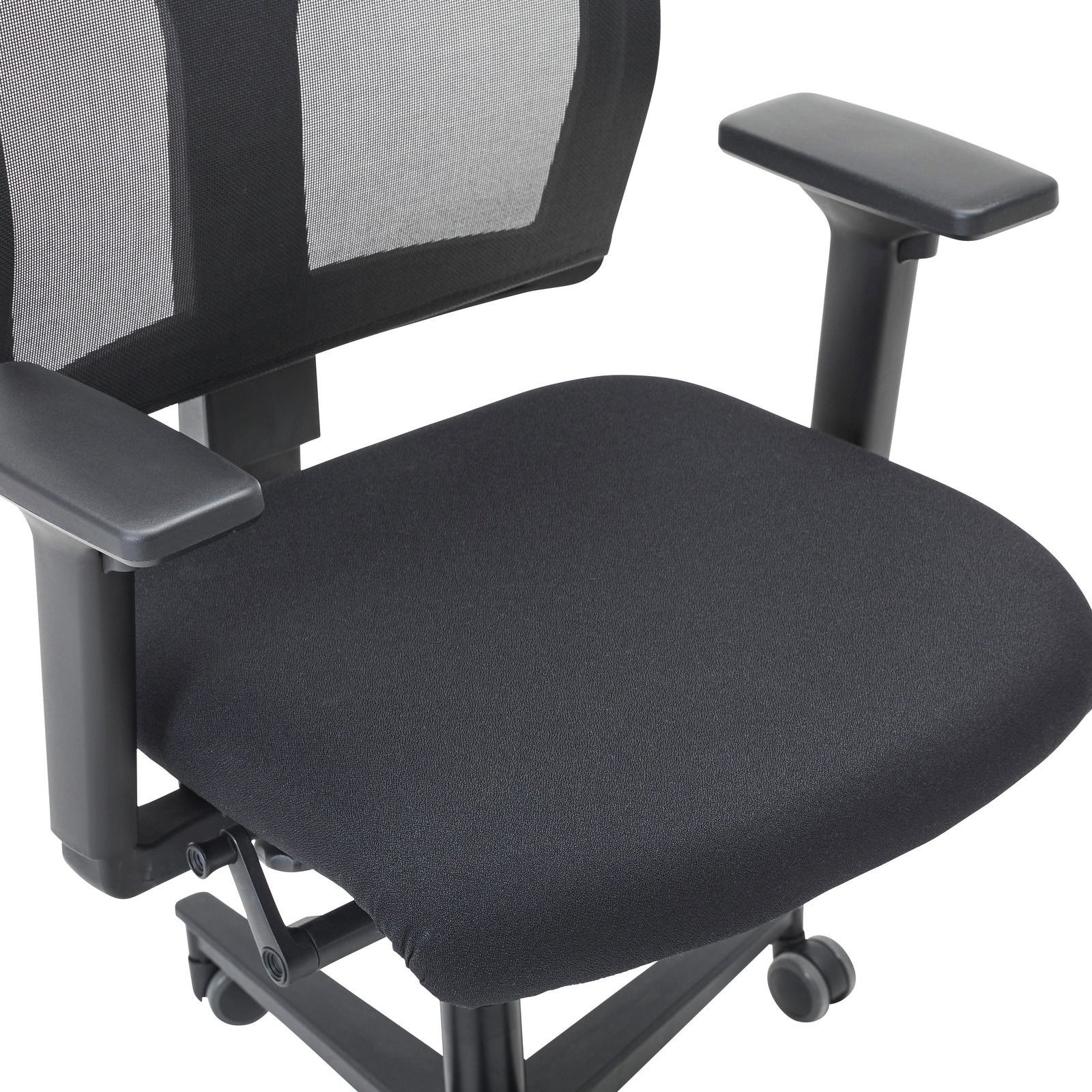 Schwarzer Drehstuhl mit Netzrückenlehne und verstellbaren Armlehnen, seitliche Perspektive