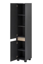 Hochschrank in schwarzer Farbe mit offenen Türen, zeigt mehrere Regalböden und eine Schublade, Perspektive von vorne