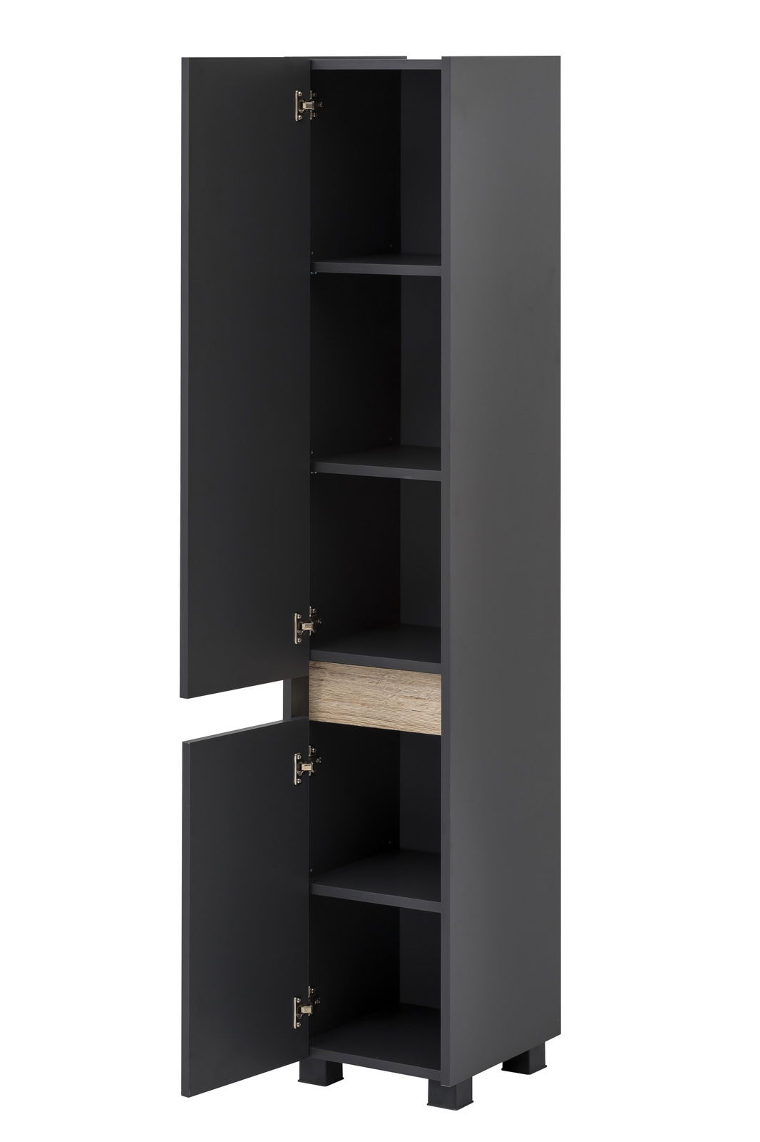 Hochschrank in schwarzer Farbe mit offenen Türen, zeigt mehrere Regalböden und eine Schublade, Perspektive von vorne