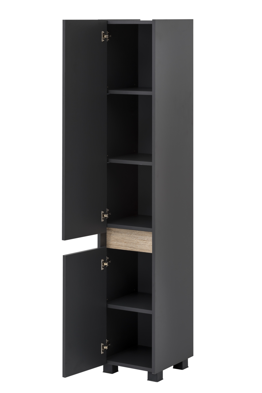 Hochschrank in schwarzer Farbe mit offenen Türen, zeigt mehrere Regalböden und eine Schublade, Perspektive von vorne
