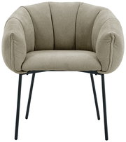 Frontansicht eines modernen Armlehnstuhls mit gepolstertem, hellgrauem Stoffbezug und schwarzen Metallbeinen.