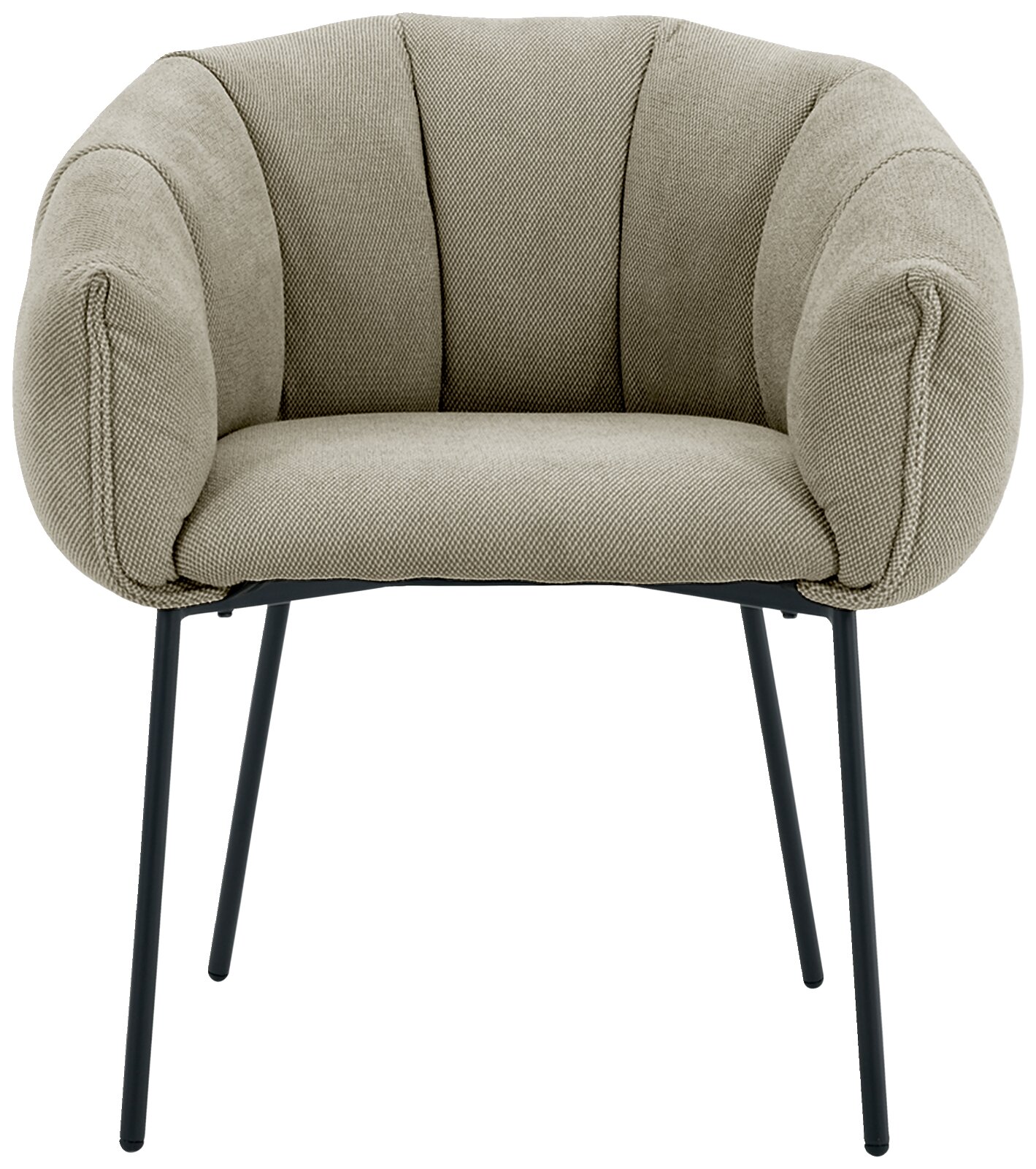 Vooraanzicht van een moderne fauteuil met een gestoffeerde, lichtgrijze bekleding en zwarte metalen poten.