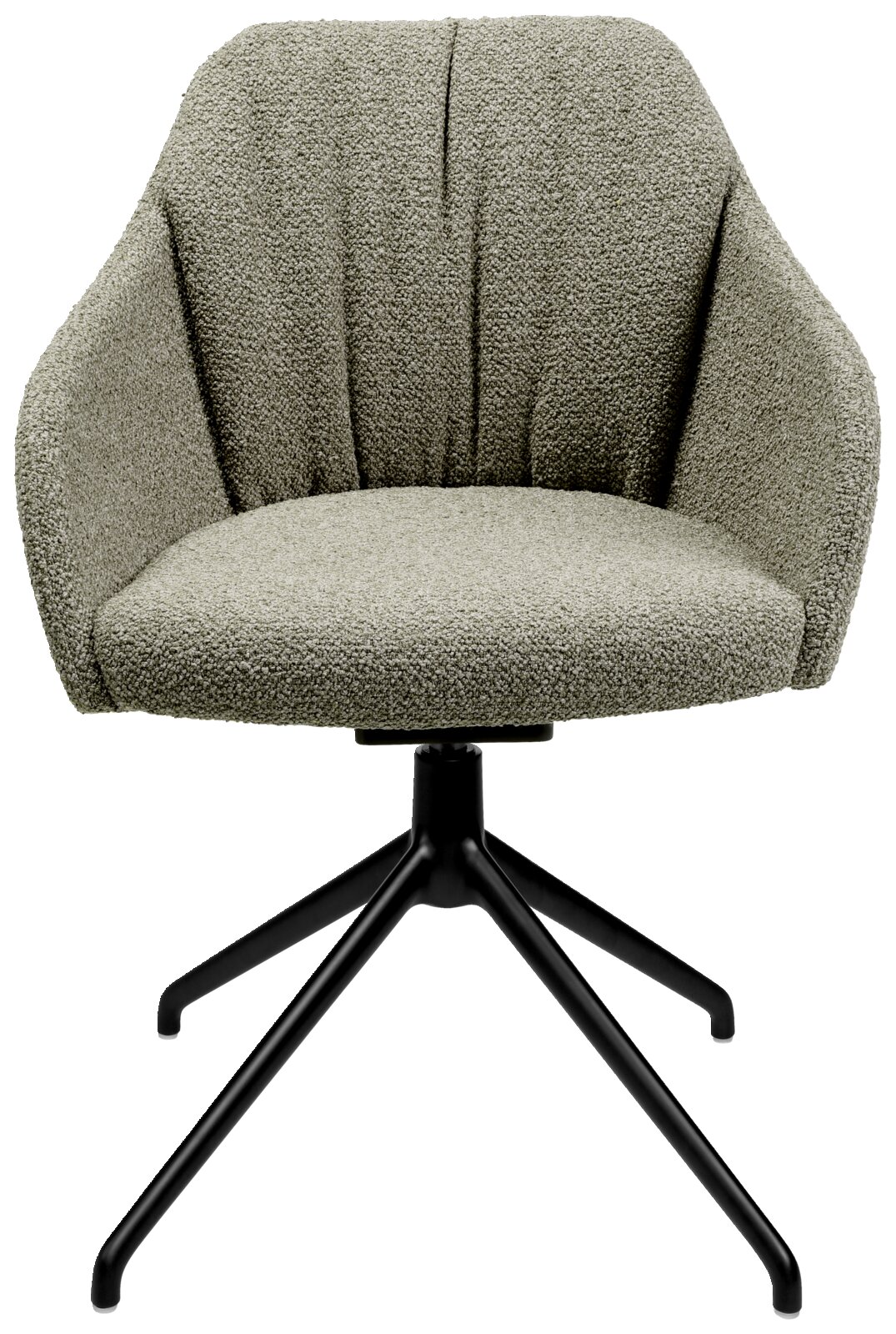 Vooraanzicht van een moderne fauteuil met groene stoffen bekleding en een zwart metalen frame.