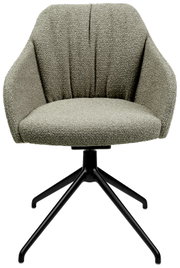 Vooraanzicht van een moderne fauteuil met groene stoffen bekleding en een zwart metalen frame.