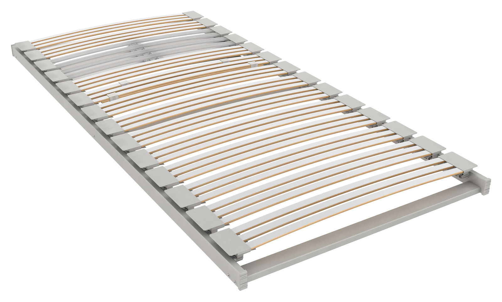 Lattenrost NV 90 x 200 cm in schräger Perspektive, zeigt gebogene Holzlatten und stabile Rahmenkonstruktion.