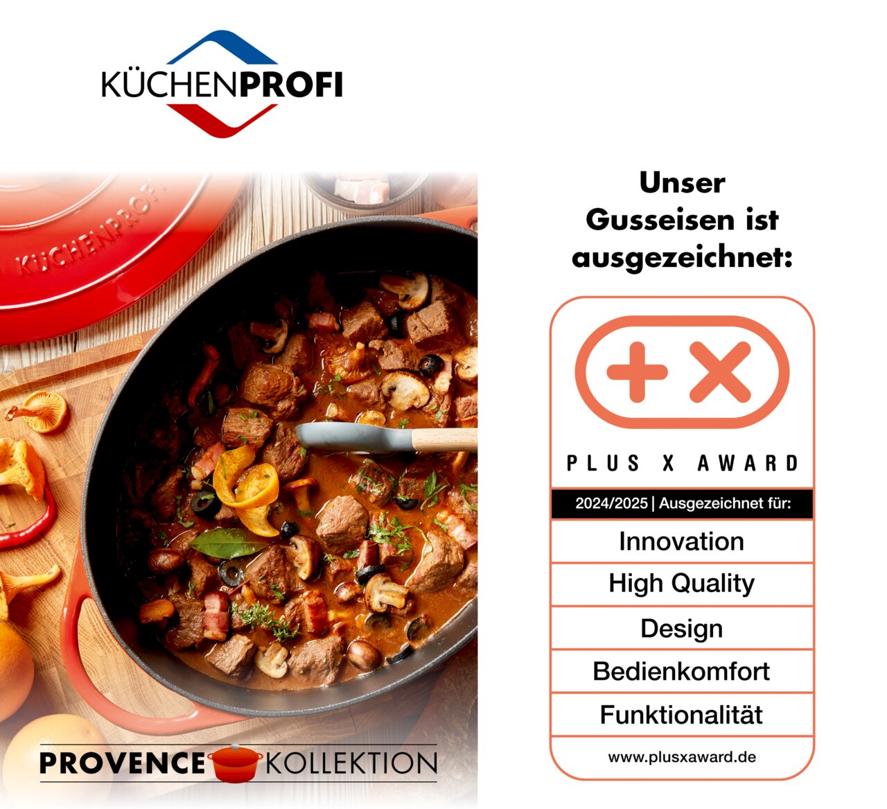 Schmorpfanne MARMITE, 28 cm, aus Gusseisen, gefüllt mit einem herzhaften Eintopf, von oben fotografiert. Ausgezeichnet mit dem Plus X Award für Innovation, hohe Qualität, Design, Bedienkomfort und Funktionalität.