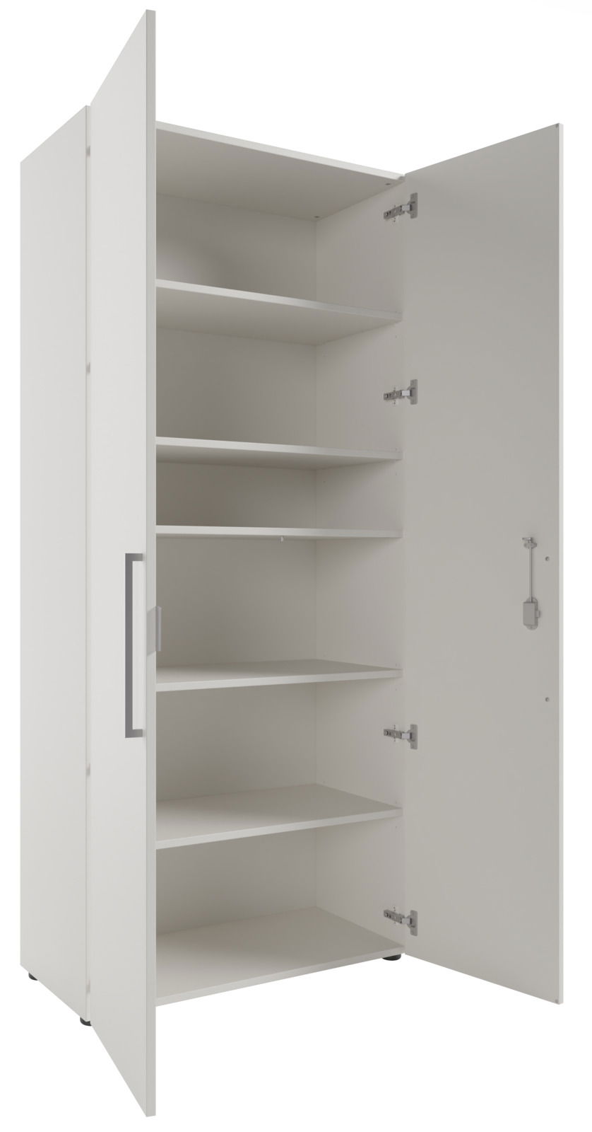 Hochschrank mit zwei geöffneten Türen und mehreren Einlegeböden, seitliche Perspektive
