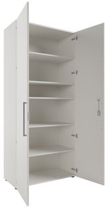 Hochschrank mit zwei geöffneten Türen und mehreren Einlegeböden, seitliche Perspektive