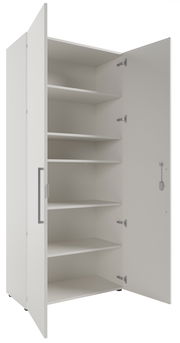 Hochschrank mit zwei geöffneten Türen und mehreren Einlegeböden, seitliche Perspektive