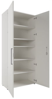 Hochschrank mit zwei geöffneten Türen und mehreren Einlegeböden, seitliche Perspektive