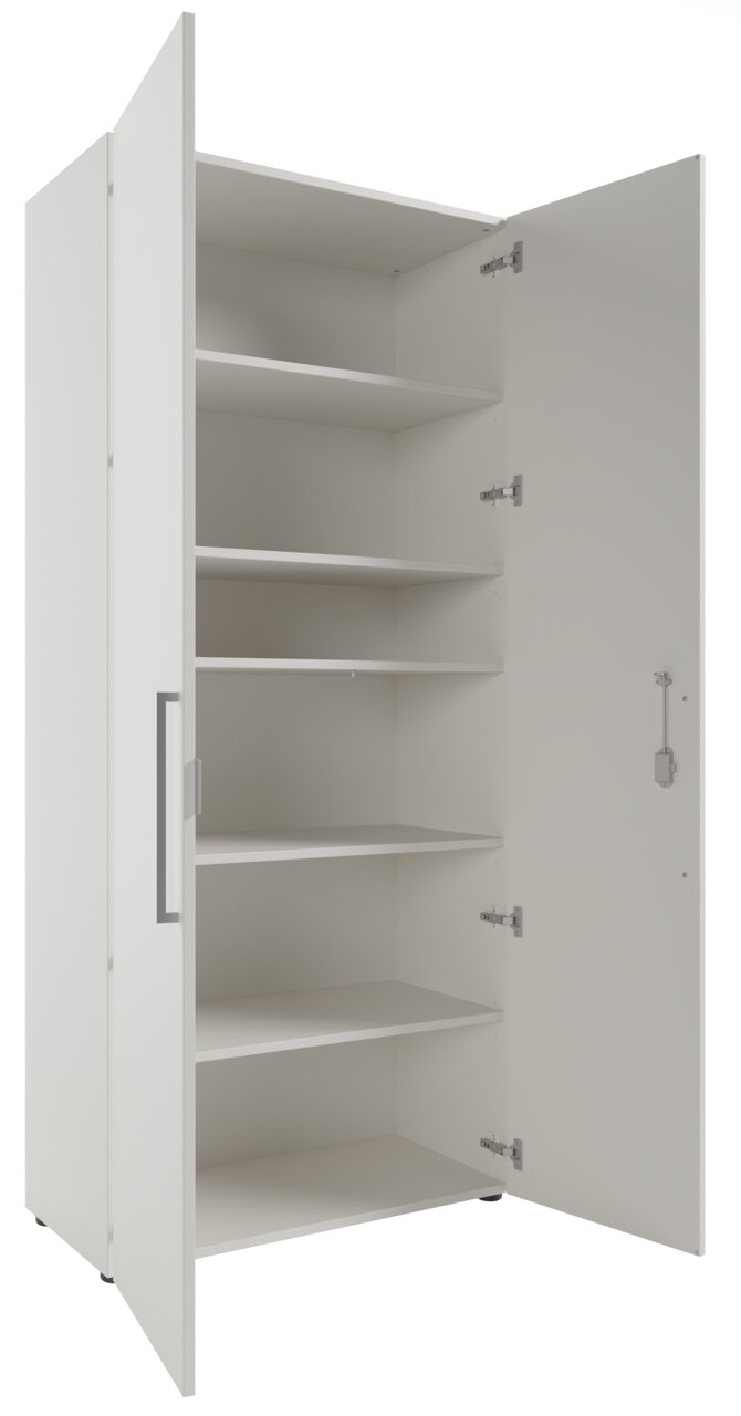 Hochschrank mit zwei geöffneten Türen und mehreren Einlegeböden, seitliche Perspektive