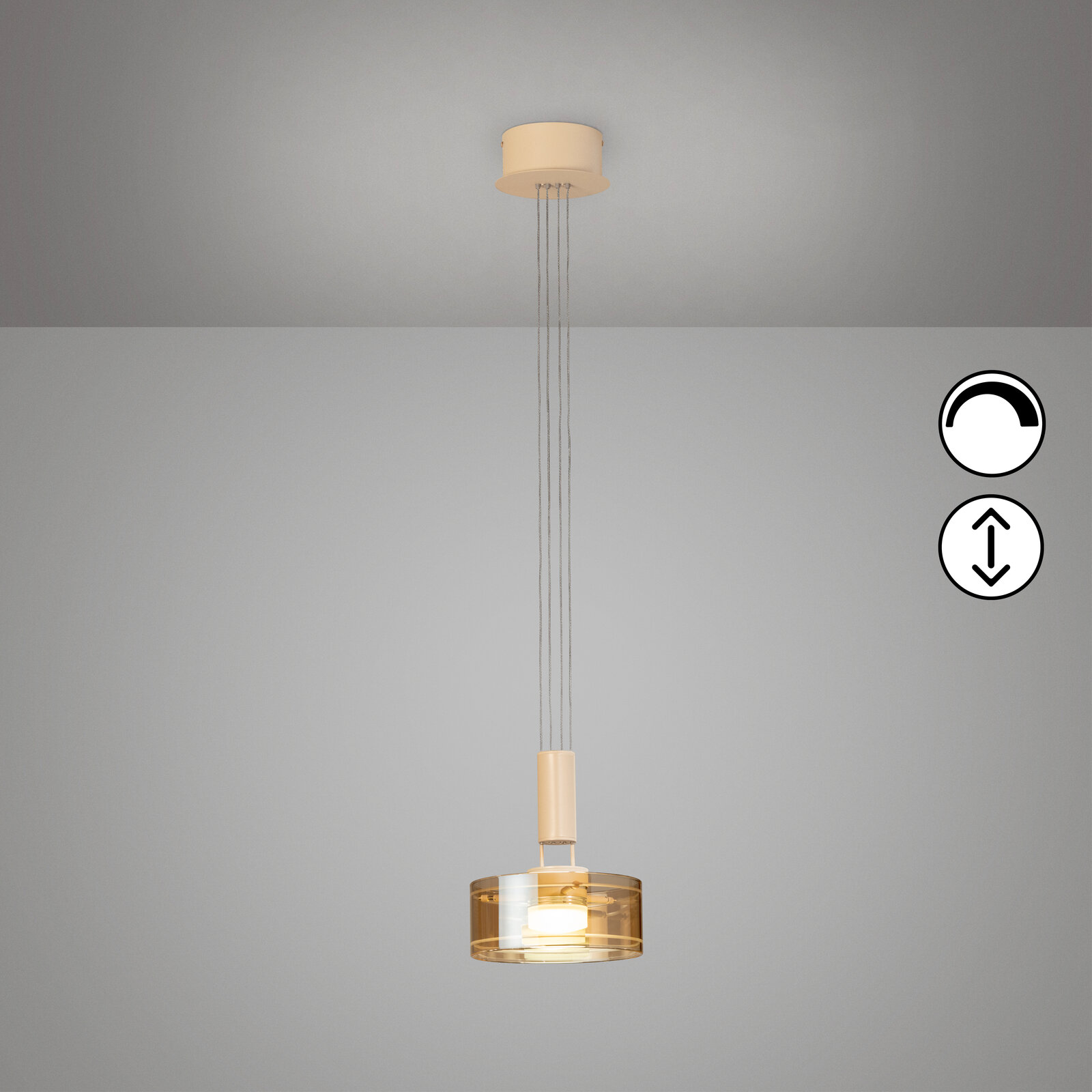 Moderne Pendelleuchte mit rundem, transparent getöntem Glasschirm und warm leuchtendem Leuchtmittel, an mehreren dünnen Seilen von weißer Deckenhalterung abgehängt, Frontalansicht