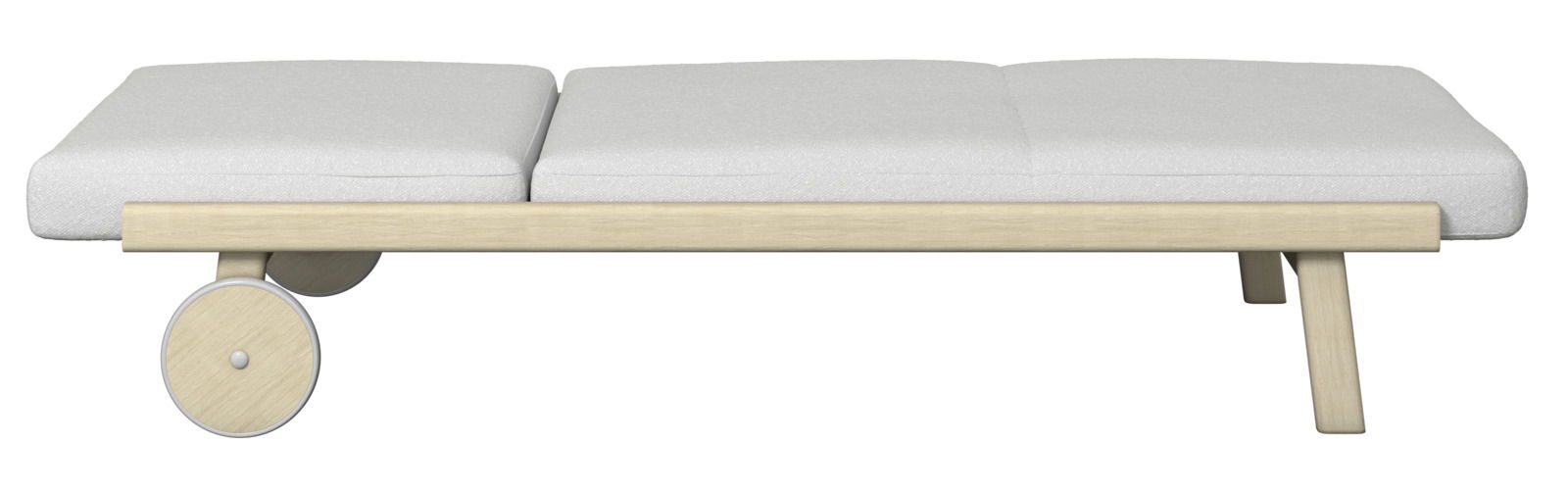 Sonnenliege mit weißer Polsterung und Holzrahmen, seitliche Perspektive