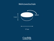 Mehrzweckschale mit 600 ml Fassungsvermögen, ca. 17 cm Durchmesser und 5 cm Höhe, dargestellt als grafische Illustration in leicht schräger Seitenansicht von oben (Top-Down-Perspektive)