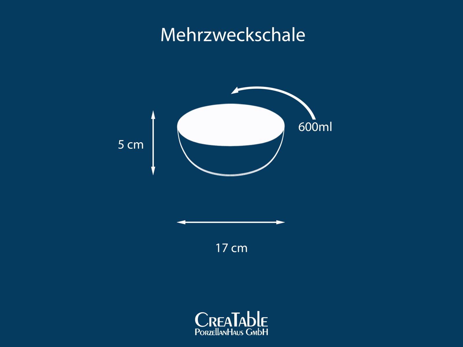 Mehrzweckschale mit 600 ml Fassungsvermögen, ca. 17 cm Durchmesser und 5 cm Höhe, dargestellt als grafische Illustration in leicht schräger Seitenansicht von oben (Top-Down-Perspektive)