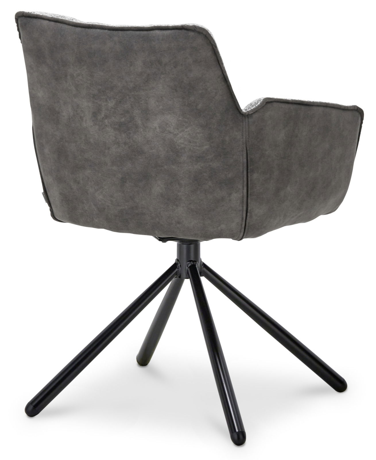 Rückansicht eines grauen Armlehnstuhls mit schwarzem Metallgestell und vier Beinen