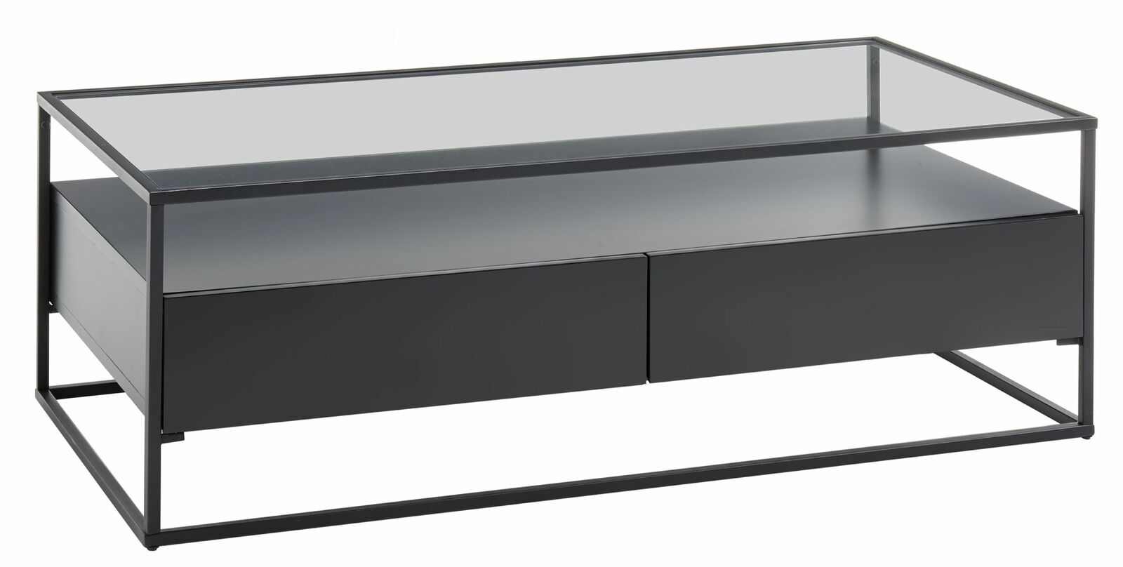 Moderner Couchtisch mit Glasplatte und schwarzem Metallrahmen, seitliche Perspektive