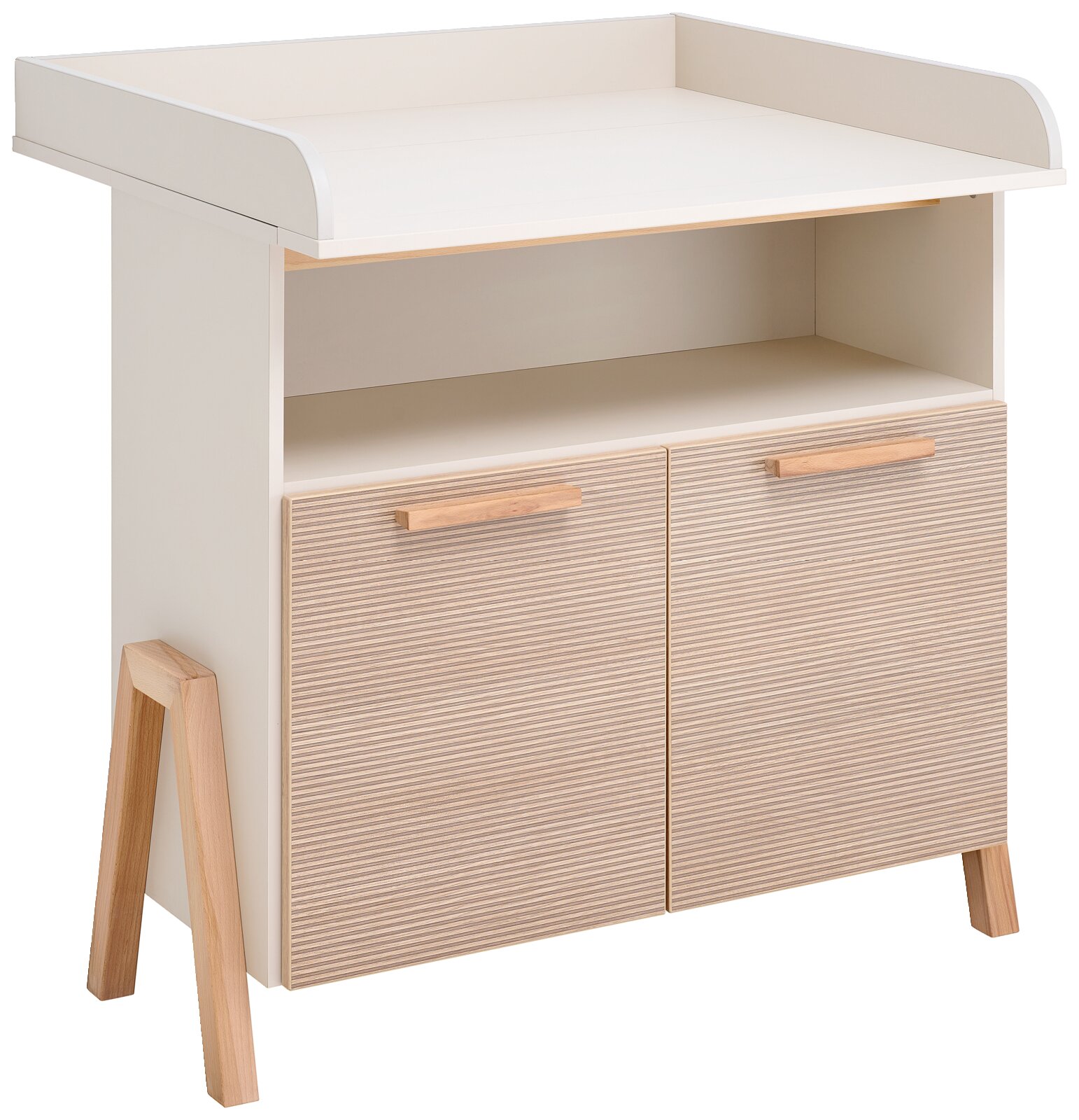 Wickelkommode aus Holz in hellem Design mit zwei Türen und offenen Fach, seitliche Perspektive