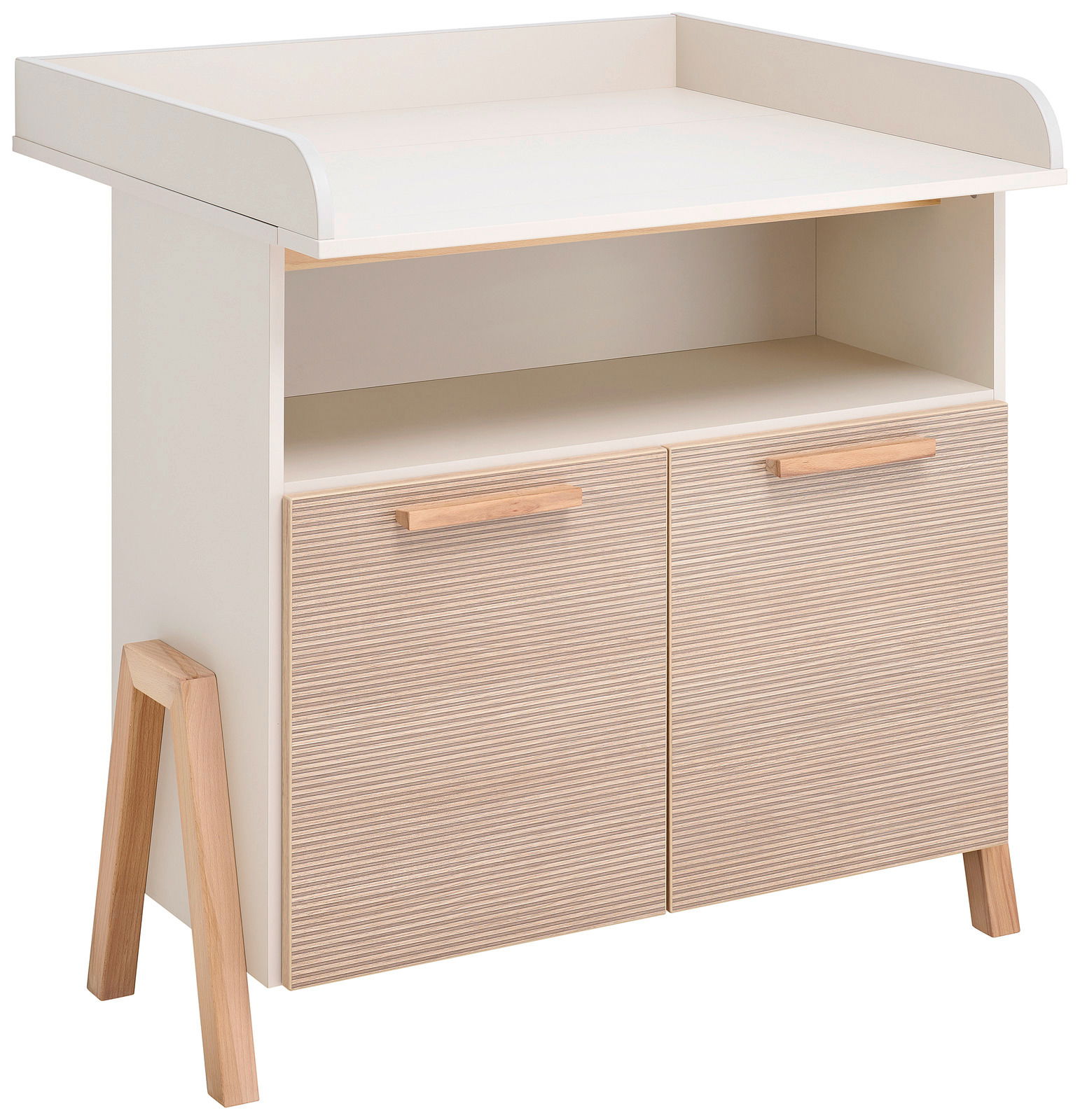 Wickelkommode aus Holz in hellem Design mit zwei Türen und offenen Fach, seitliche Perspektive
