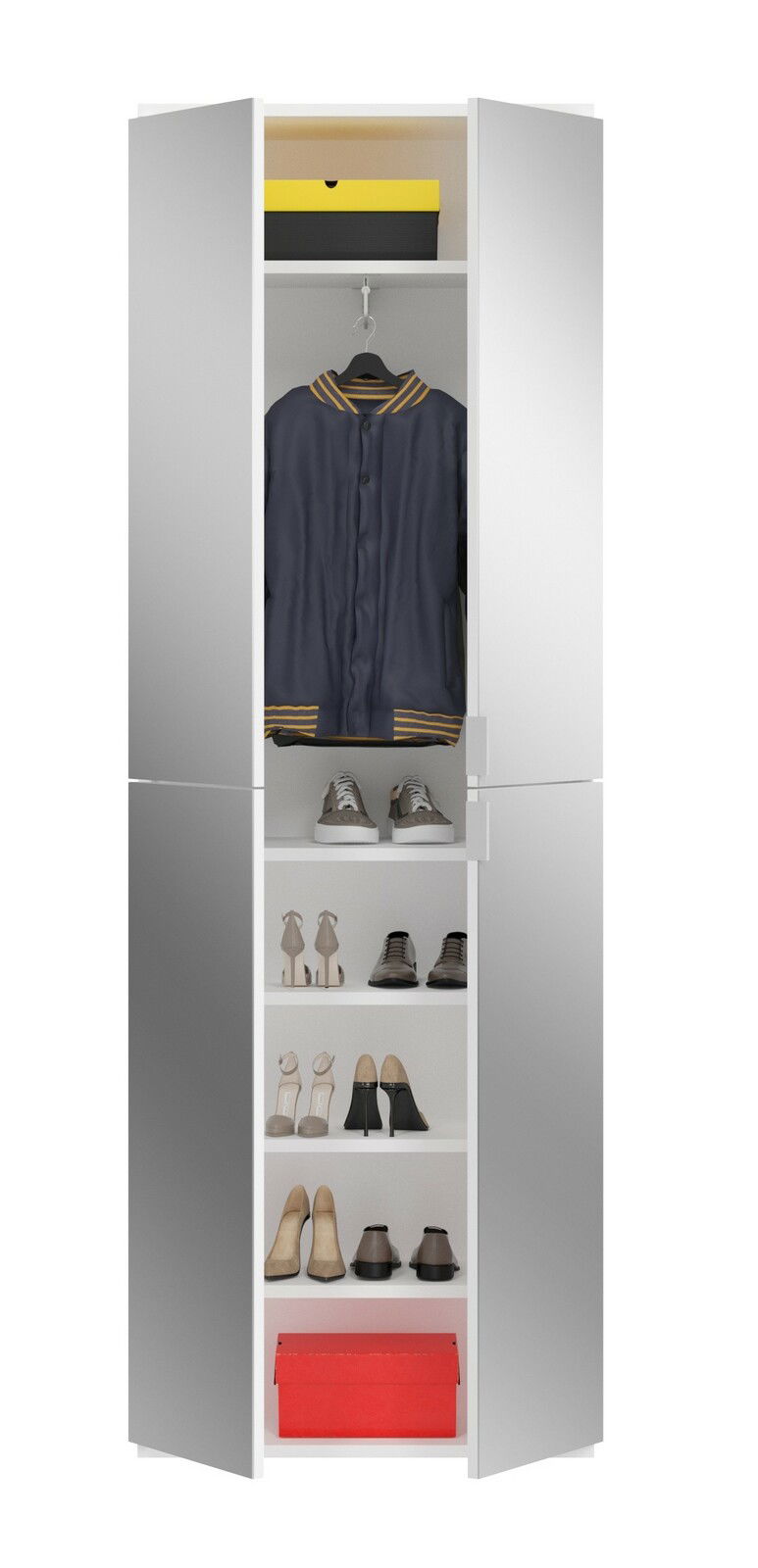 Garderobenkombination mit geöffneten Türen, zeigt eine Jacke, Schuhe und Schachteln aus der Frontalperspektive.