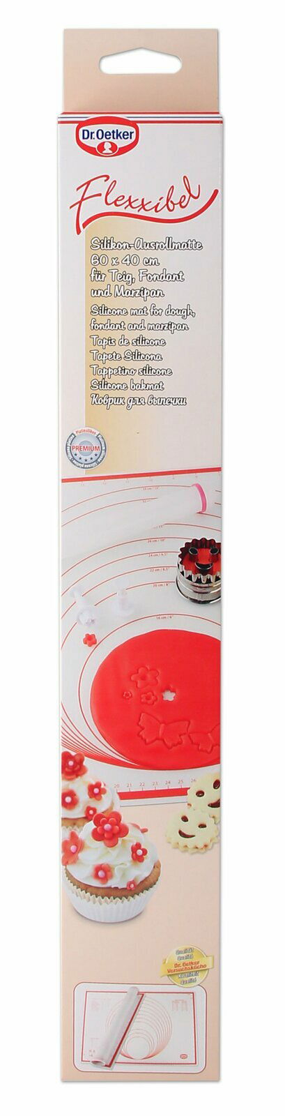 Verpackung der Dr. Oetker Flexxibel Silikon-Ausrollmatte 60x40 cm, ideal für Teig, Fondant und Marzipan, Vorderansicht.