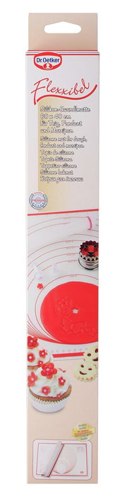 Verpackung der Dr. Oetker Flexxibel Silikon-Ausrollmatte 60x40 cm, ideal für Teig, Fondant und Marzipan, Vorderansicht.
