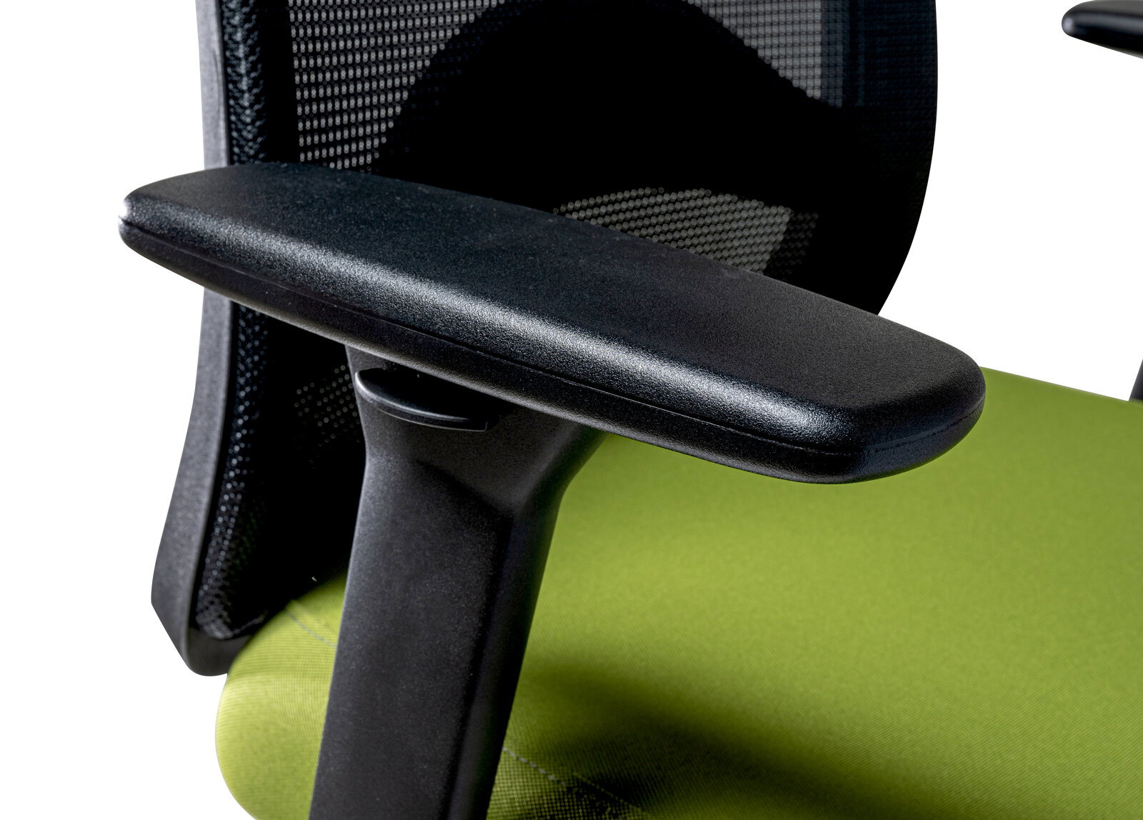 Venda Drehstuhl MY TRITON Nahaufnahme eines Drehstuhls mit schwarzer Armlehne und grünem Sitzpolster, seitliche Perspektive.