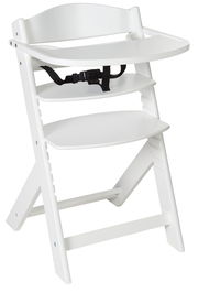 Weißer Hochstuhl aus Holz mit Sicherheitsgurt, seitliche Perspektive