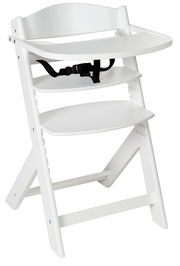 Weißer Hochstuhl aus Holz mit Sicherheitsgurt, seitliche Perspektive