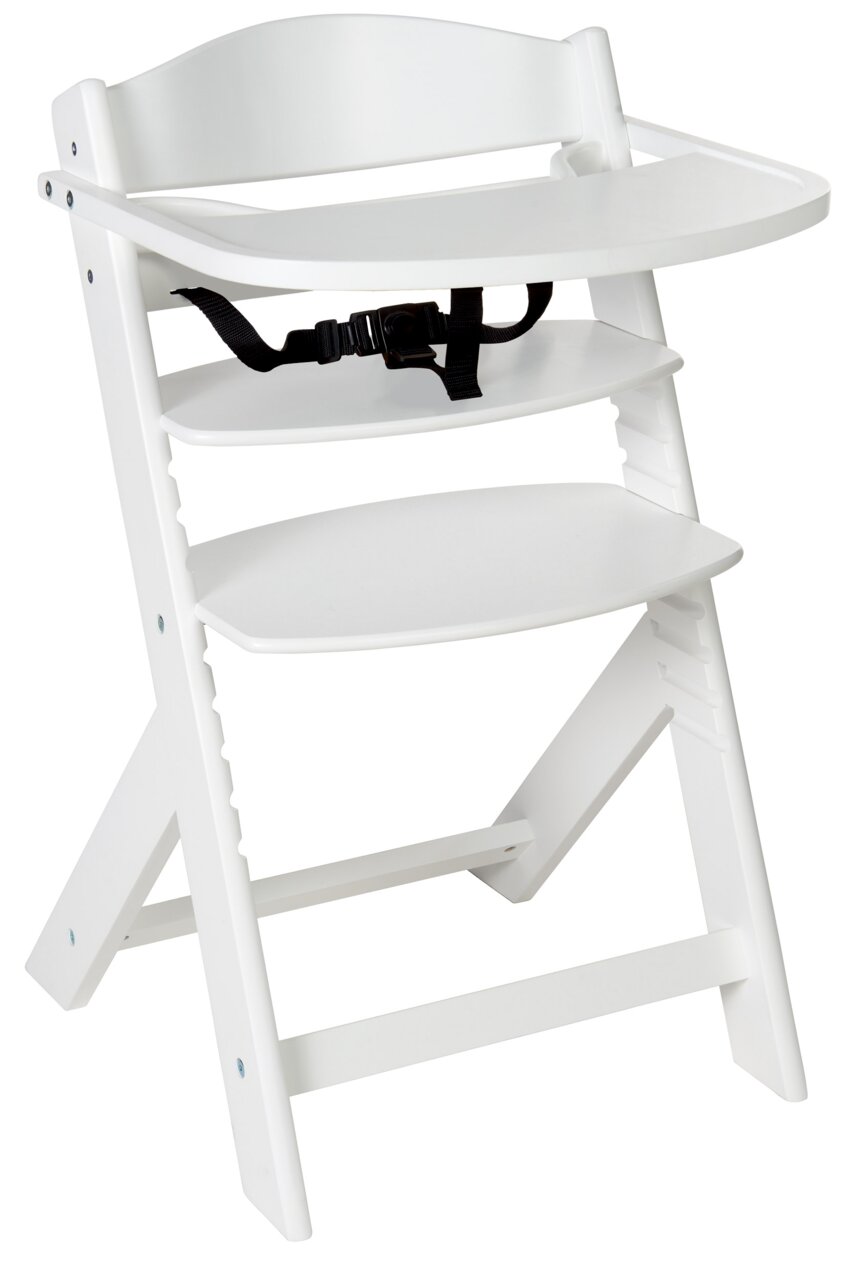 MyBaby Kinderstoel LUNCH Witte houten kinderstoel met veiligheidsgordel, zijaanzicht