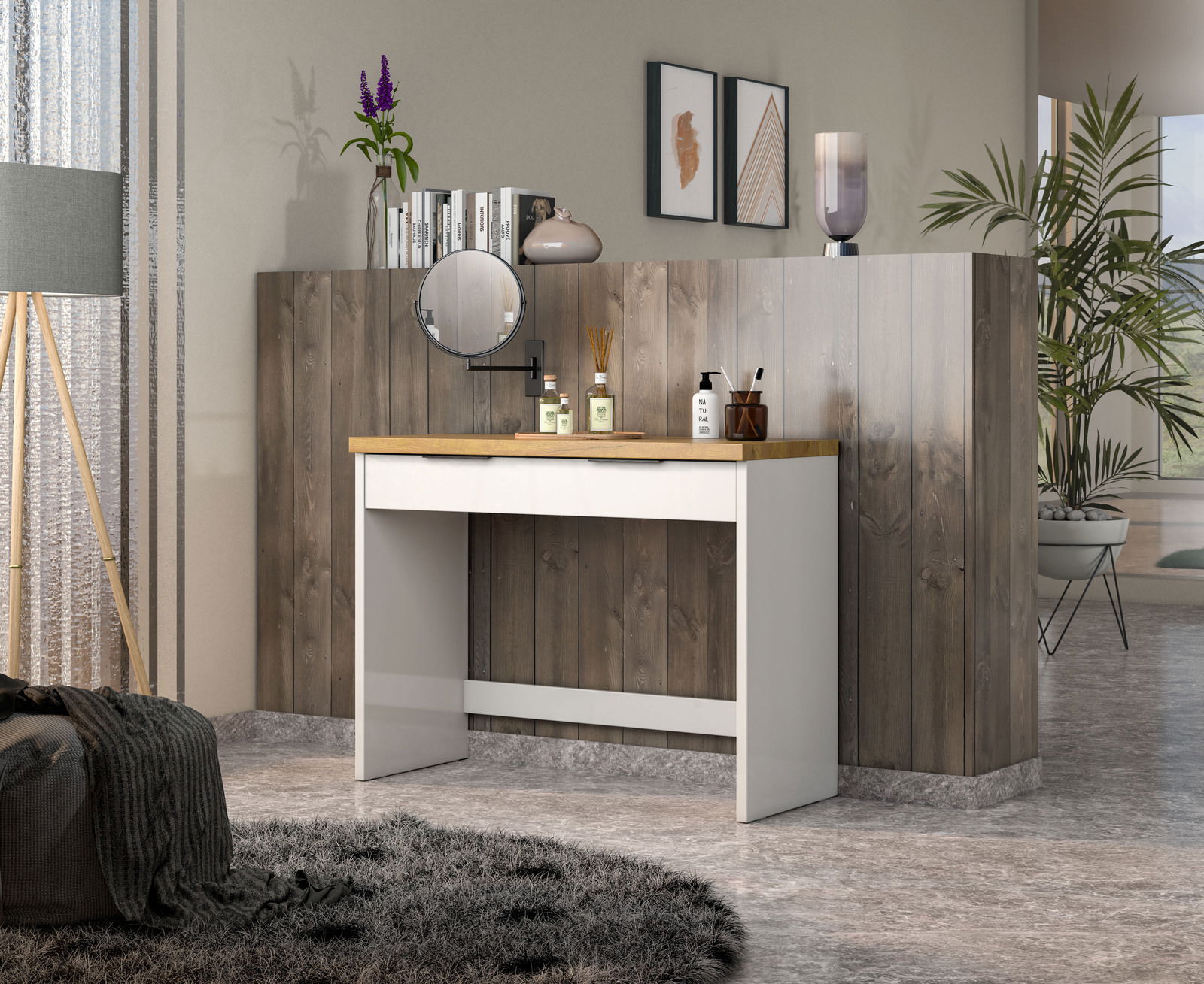 Moderner Konsolentisch in einem stilvollen Raum, frontal betrachtet, mit Dekorationen wie Büchern, einem Spiegel und Pflanzen.