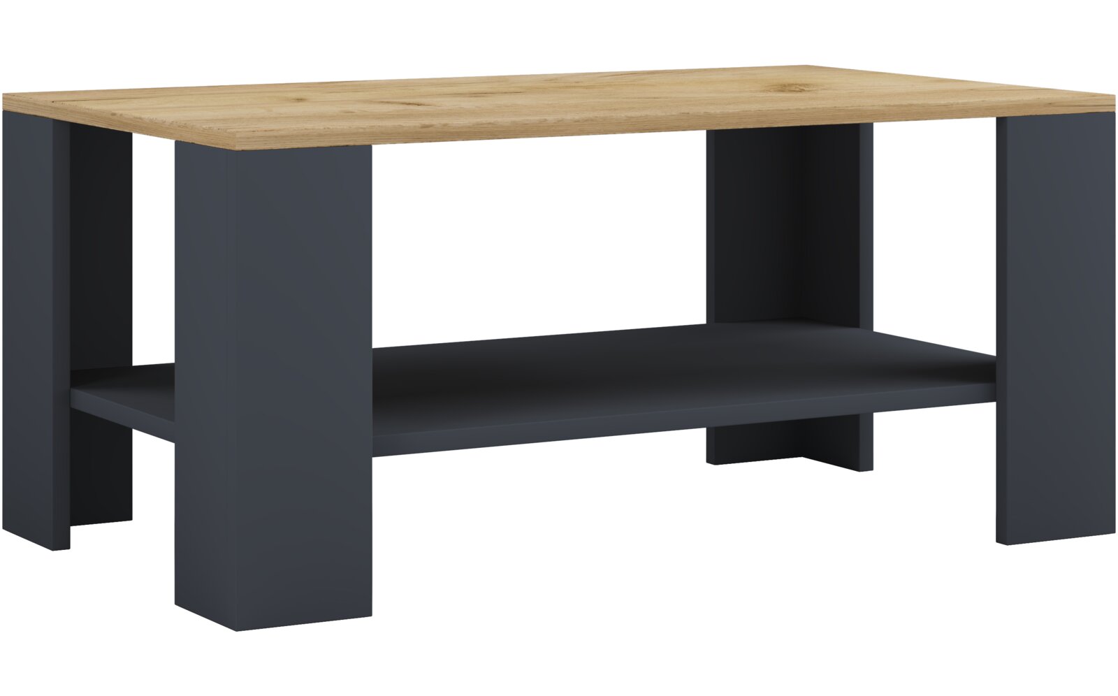 Moderner Couchtisch mit heller Holzoptik-Tischplatte, dunkelgrauem Gestell und Ablageboden, freigestellt vor weißem Hintergrund, gezeigt in leichter Perspektive von vorne links.