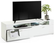 Weißes TV-Lowboard mit Fernseher, Pflanzen und Dekoration, seitliche Perspektive