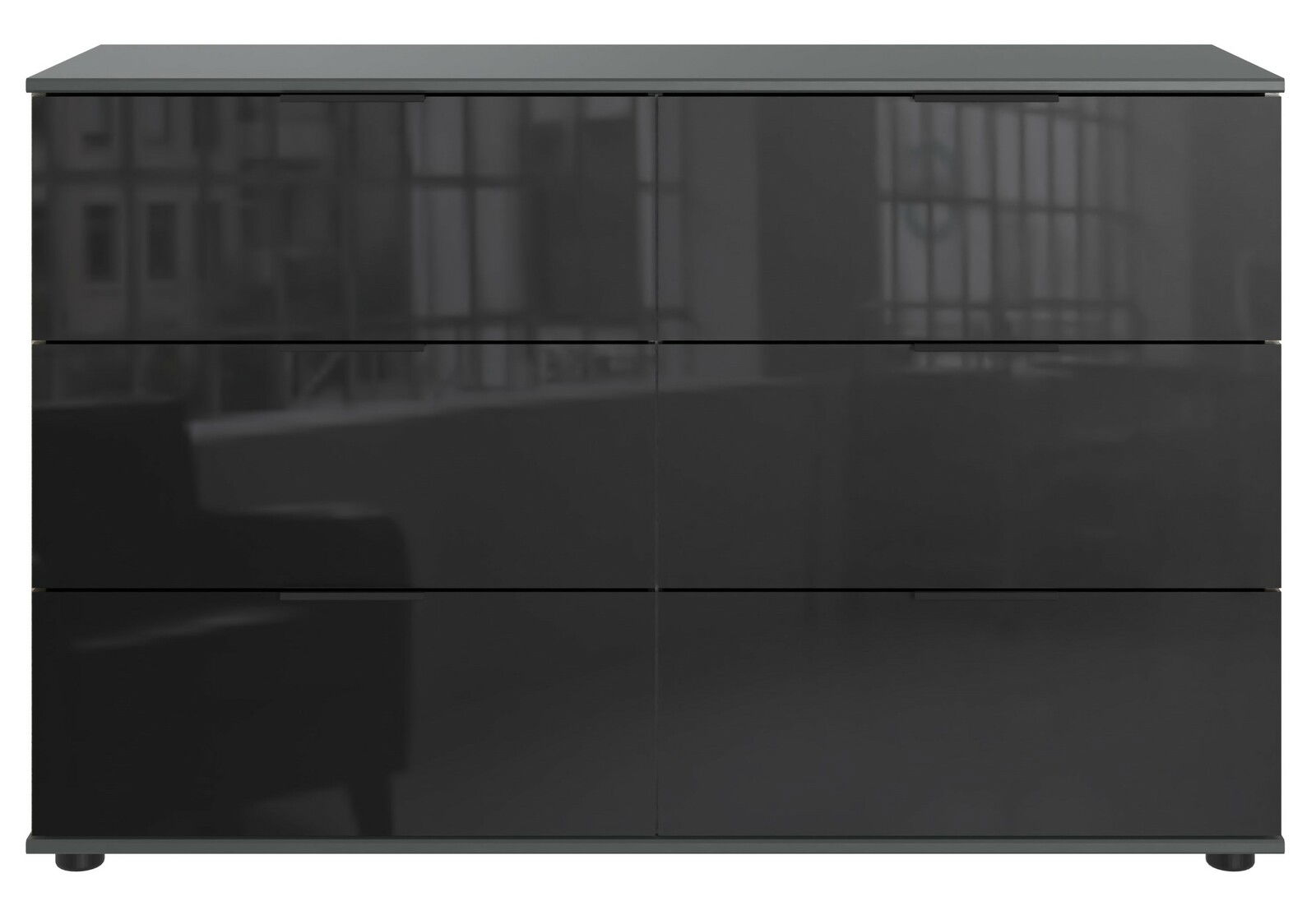 Z2 Kommode SAIGON Moderne schwarze Kommode mit glänzender Oberfläche, frontal fotografiert.