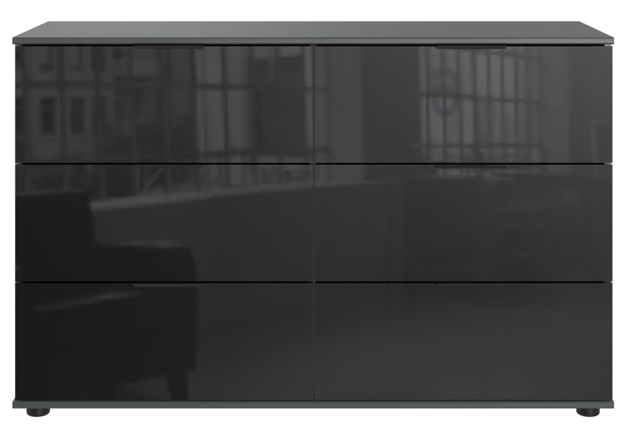 Moderne schwarze Kommode mit glänzender Oberfläche, frontal fotografiert.