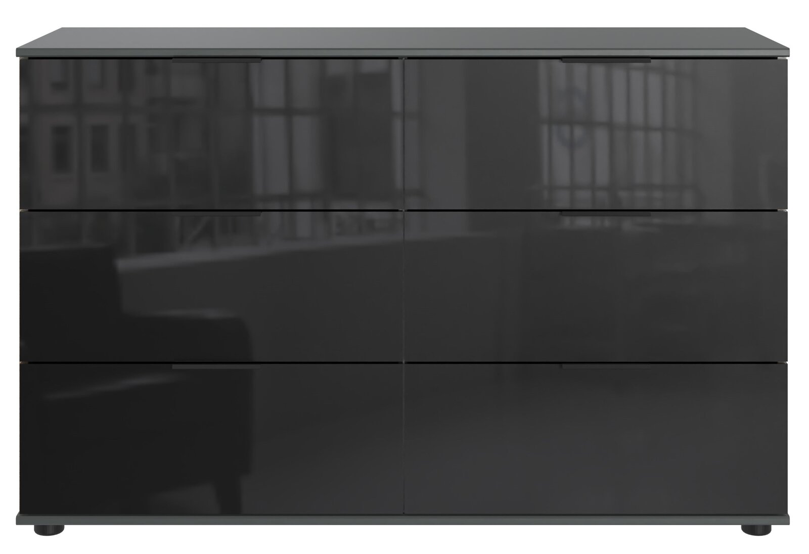 Z2 Kommode SAIGON Moderne schwarze Kommode mit glänzender Oberfläche, frontal fotografiert.