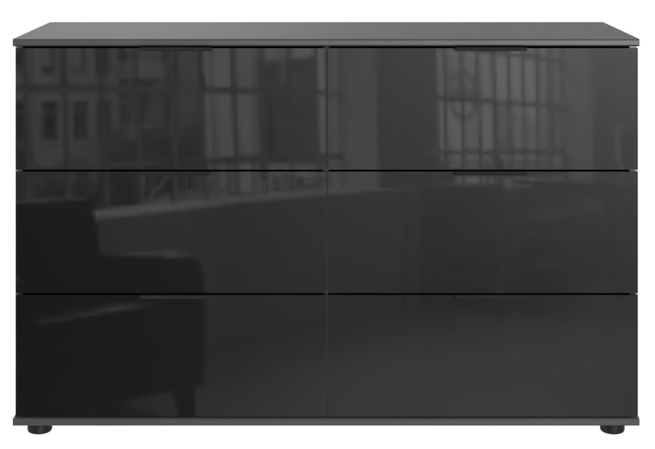 Moderne schwarze Kommode mit glänzender Oberfläche, frontal fotografiert.