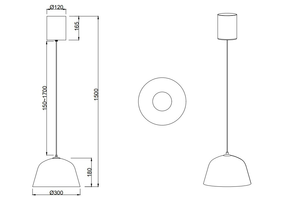 Technische Zeichnung einer Hängeleuchte mit zylindrischem Baldachin und konischem Lampenschirm, Seiten- und Draufsicht.