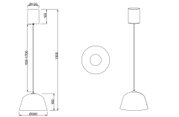 Technische tekening van een hanglamp met een cilindrische kap en een conische lampenkap, zijaanzicht en bovenaanzicht.