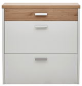 Moderner Hängeschuhschrank mit Holz- und Weißakzenten, Frontalansicht